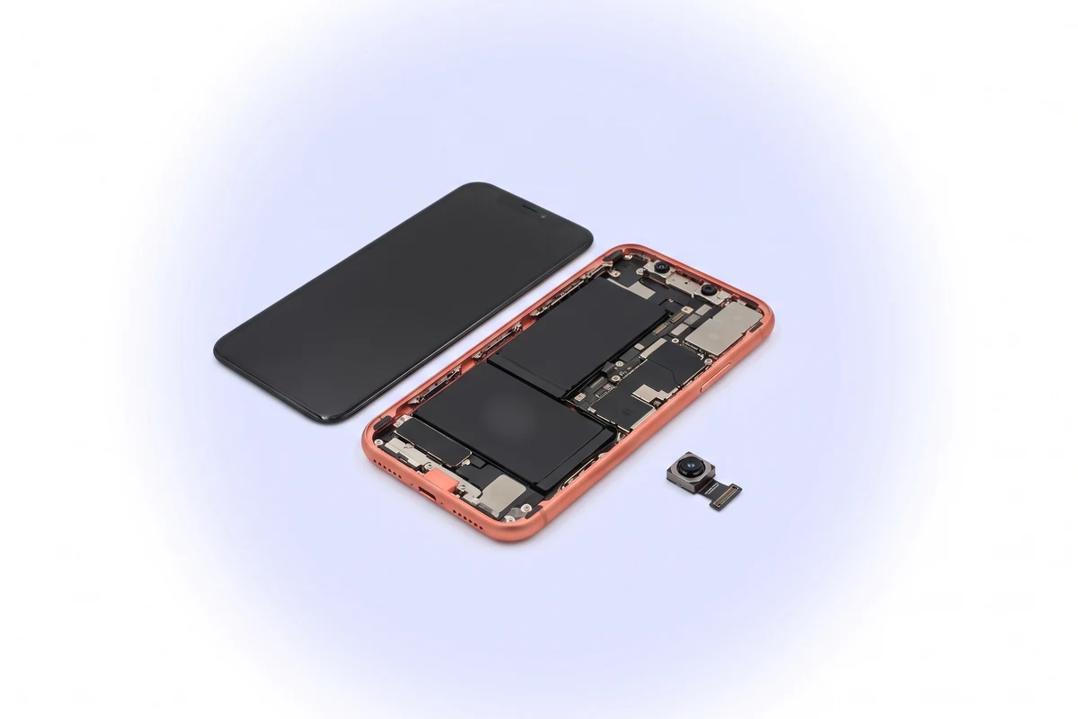 Восстановление основной камеры iPhone XR: вскрытый коралловый телефон и снятый модуль камеры рядом