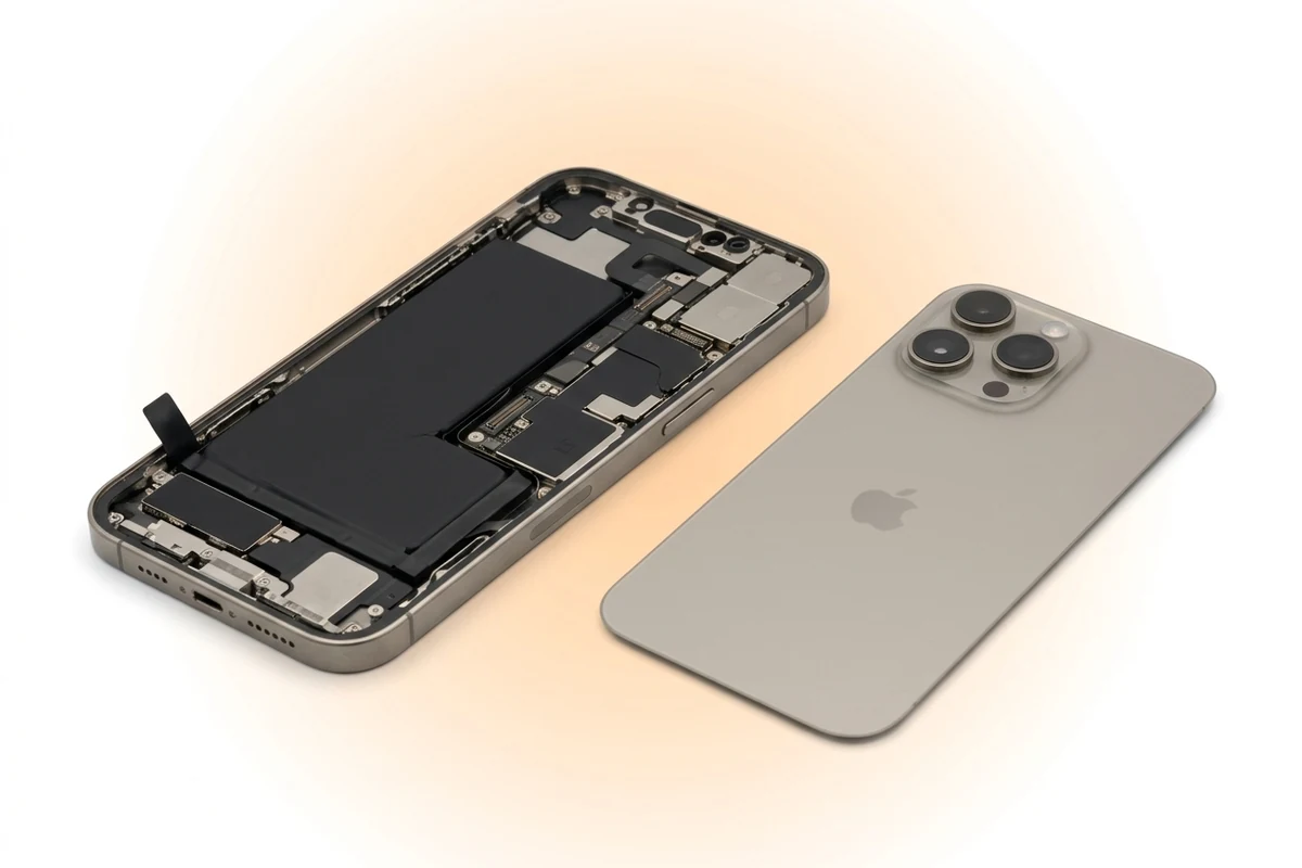Замена аккумулятора iPhone 16 Pro Max с гарантией 1 год: новая батарея установлена, заднее стекло лежит рядом