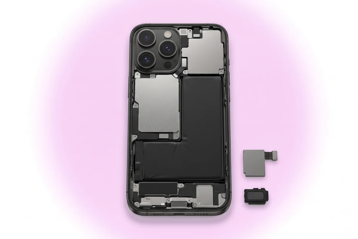 Вскрытый iPhone 16 Pro Max со снятым задним стеклом и шлейфом разъема с нижним микрофоном в раме