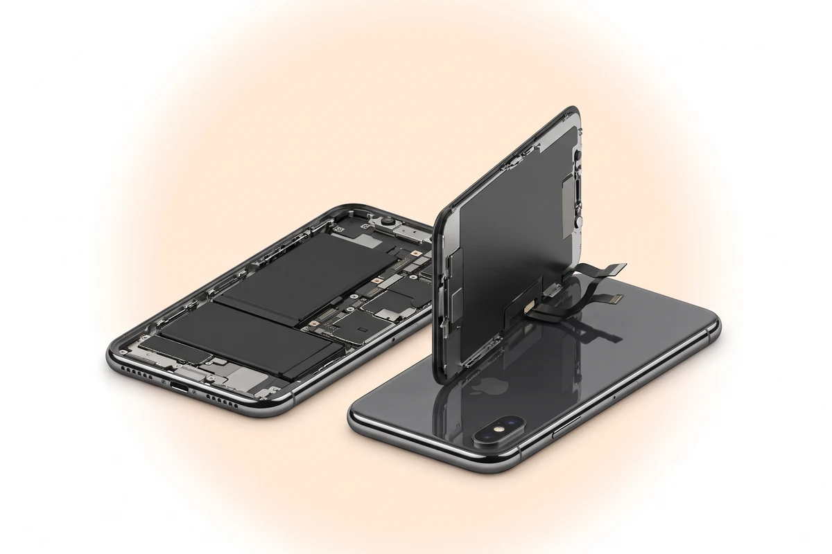 Новая батарея уже установлена во вскрытый iPhone X перед закрытием дисплея