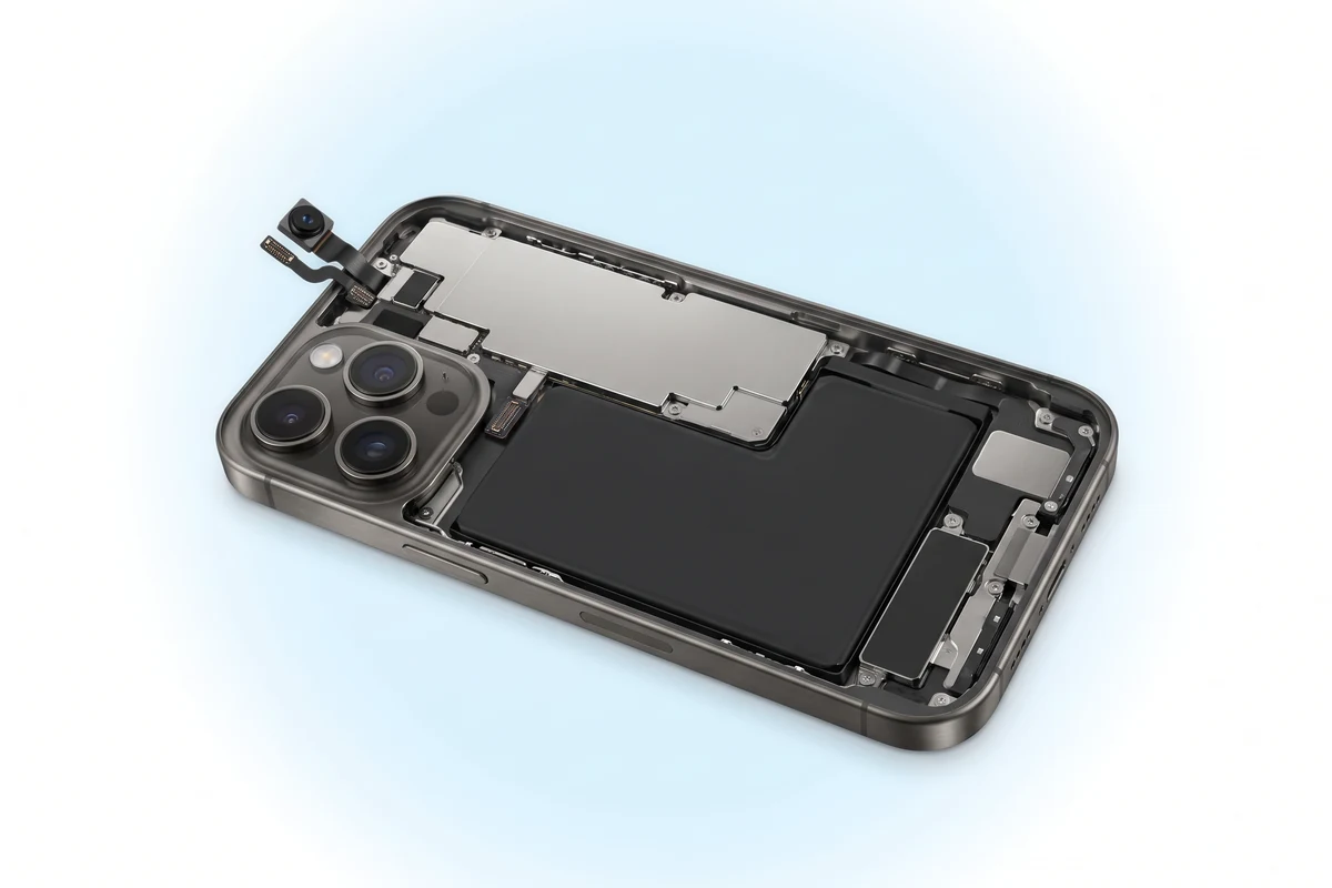 Вскрытый сзади iPhone 16 Pro Max: узел фронтальной камеры и Face ID поднят из верхней части корпуса