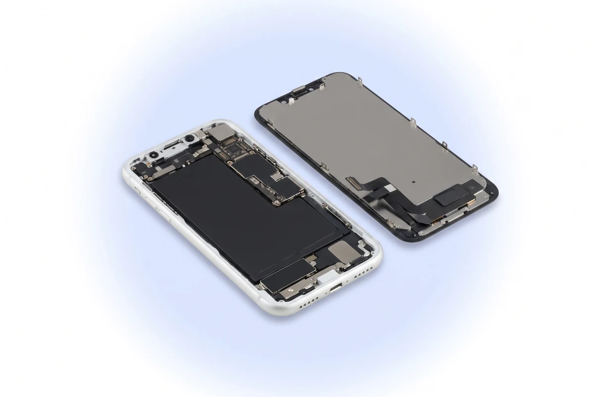 Вскрытый белый iPhone XR: аккумулятор, плата и модуль динамика под кронштейном у нижнего края