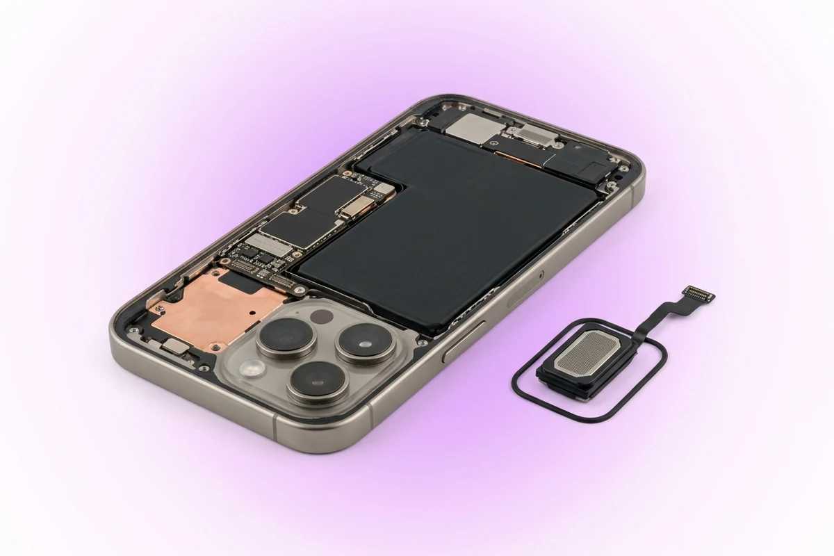 Замена верхнего динамика iPhone 16 Pro Max: телефон со снятым задним стеклом и новый слуховой динамик рядом