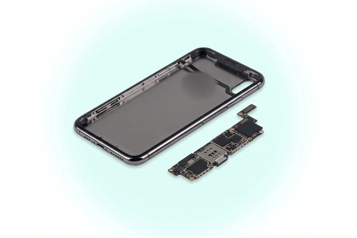 Корпус iPhone X без платы, у верхнего края которого приклеен тонкий шлейф антенны Wi-Fi