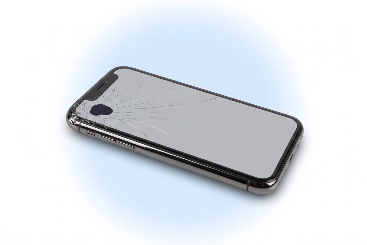 Вмятина на углу стальной рамы iPhone X и темное пятно на матрице под трещинами стекла