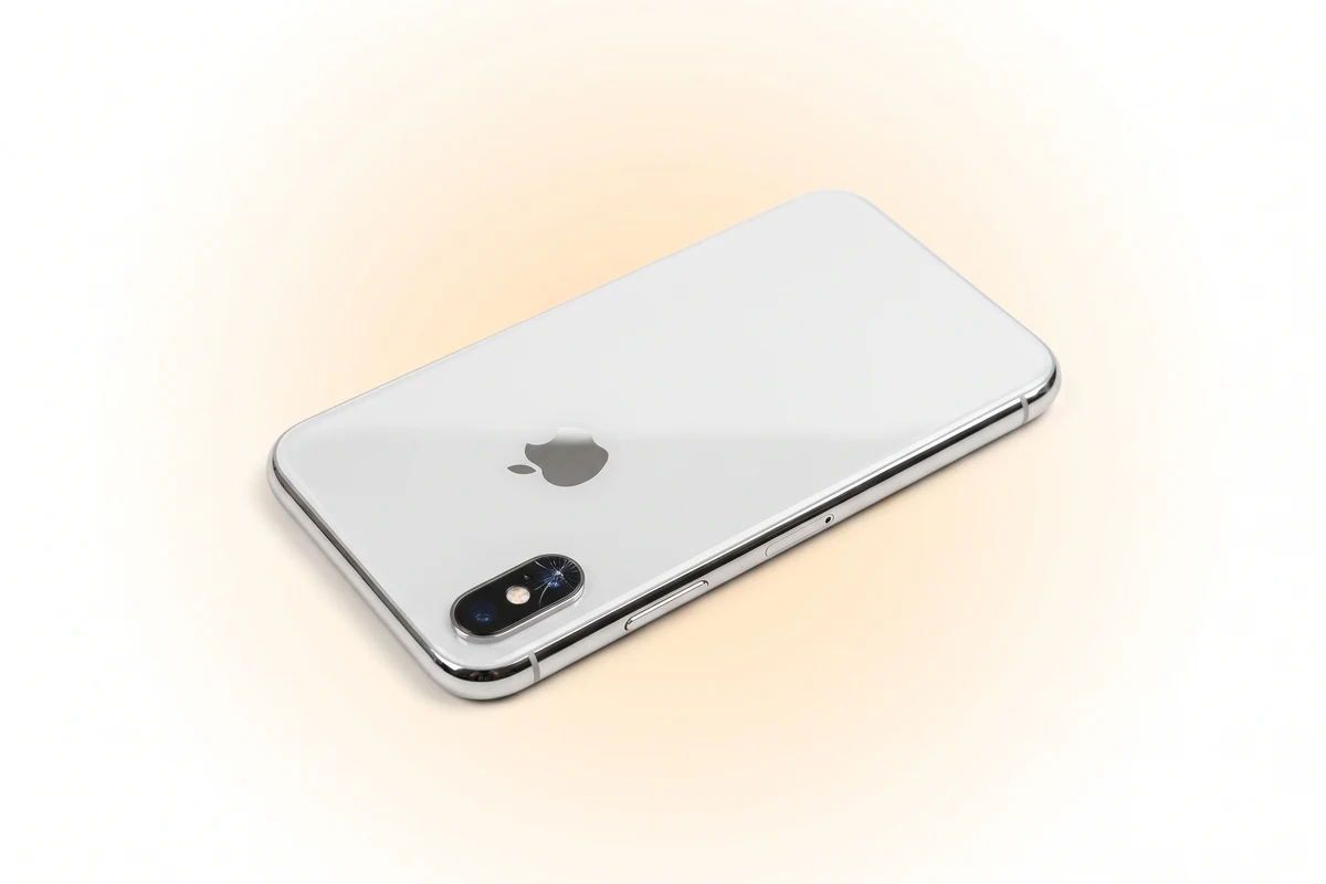 Заміна скла камери iPhone X: тріщина на захисному склі верхнього об'єктива срібного телефона