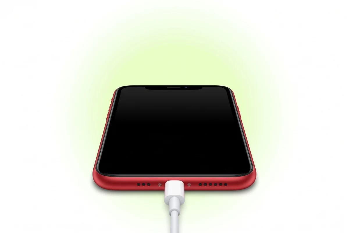 Кабель зарядки, резко согнутый возле гнезда Lightning красного iPhone XR