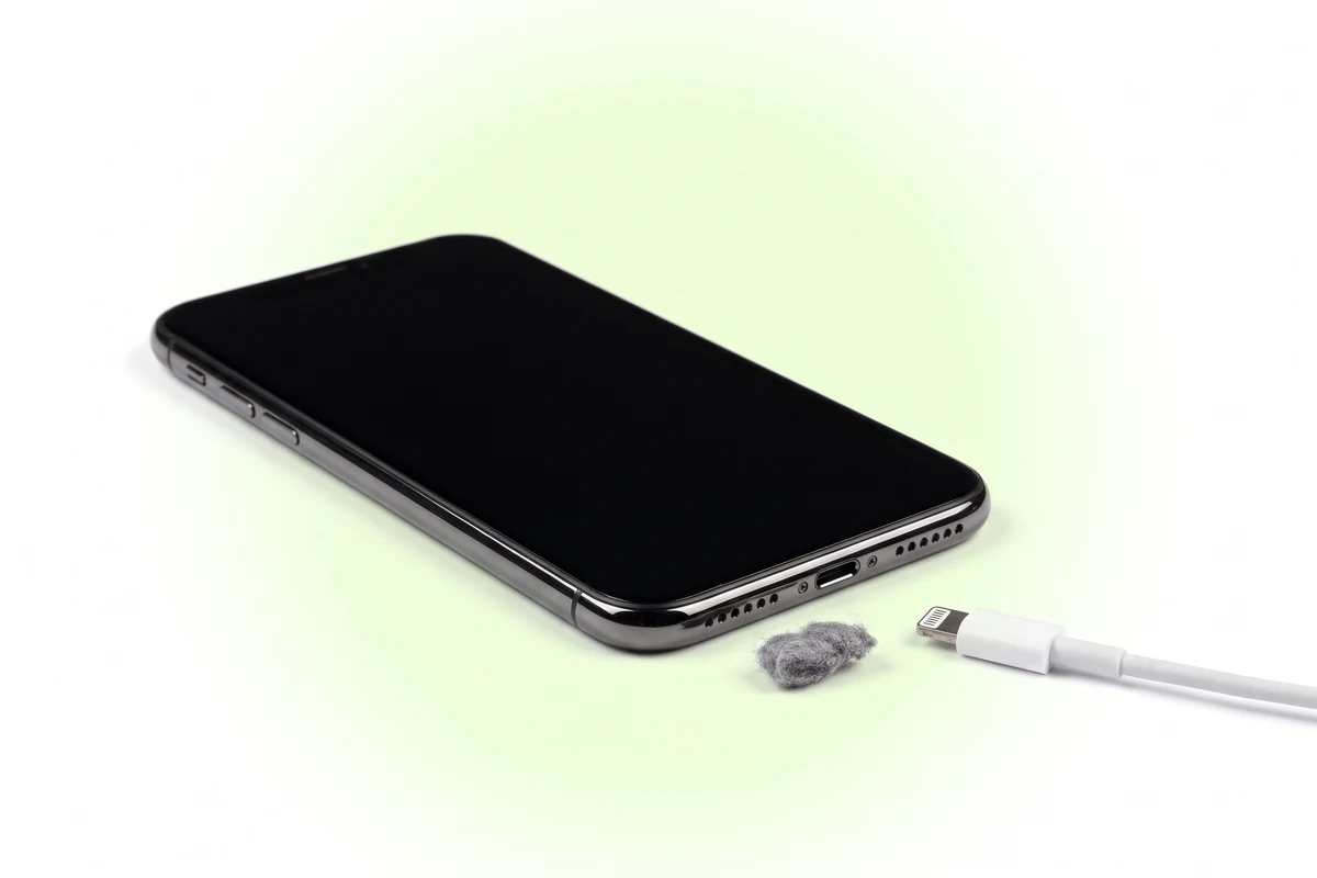 Спрессованный ворс, вынутый из гнезда Lightning, рядом с нижним торцом iPhone X