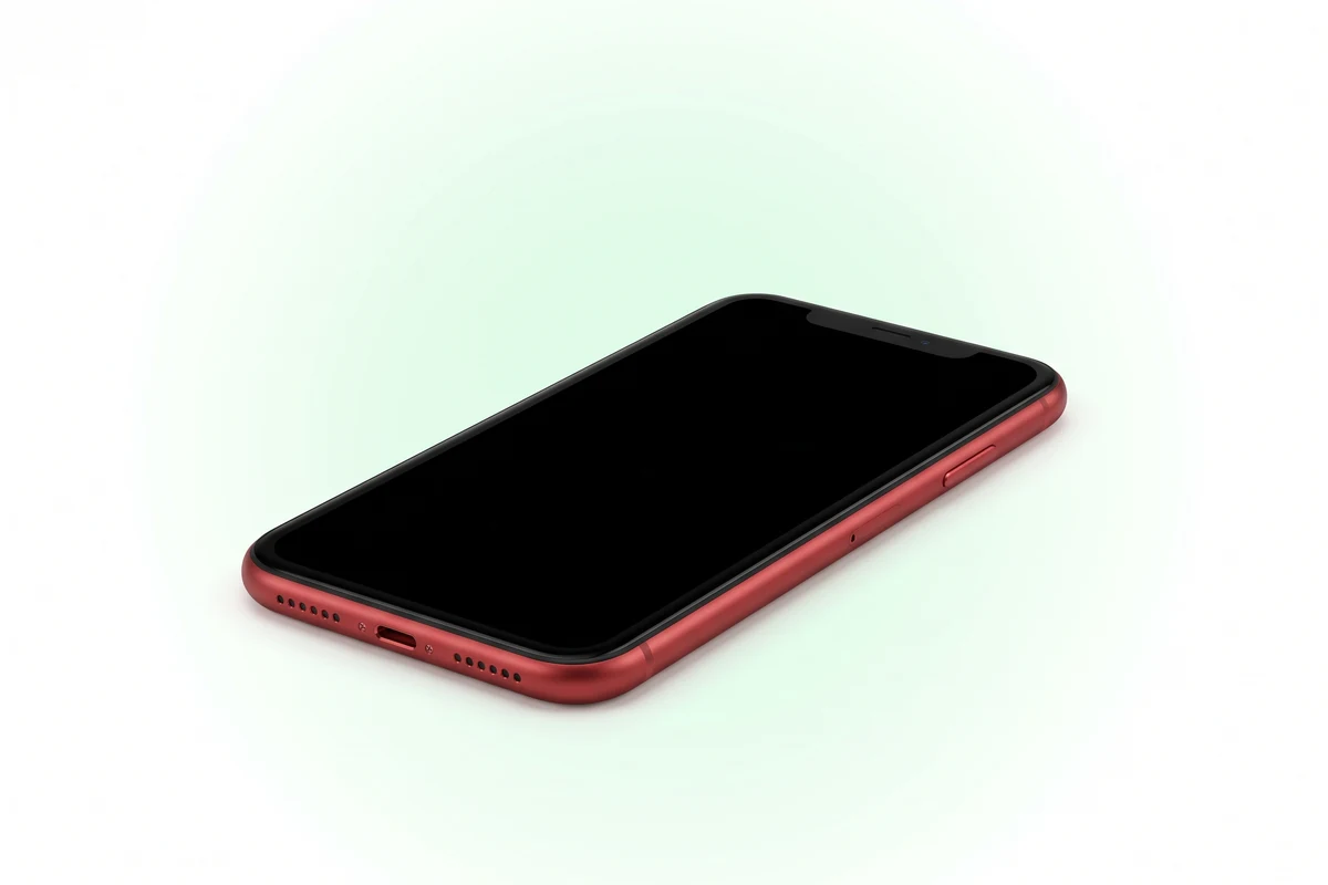 Комплексная чистка iPhone XR: красный телефон с чистыми сетками и разъемом Lightning на нижнем торце