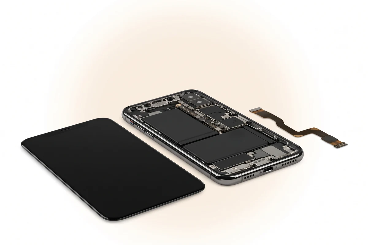 Вскрытый iPhone X серого цвета со снятым дисплеем и старым шлейфом боковой кнопки рядом