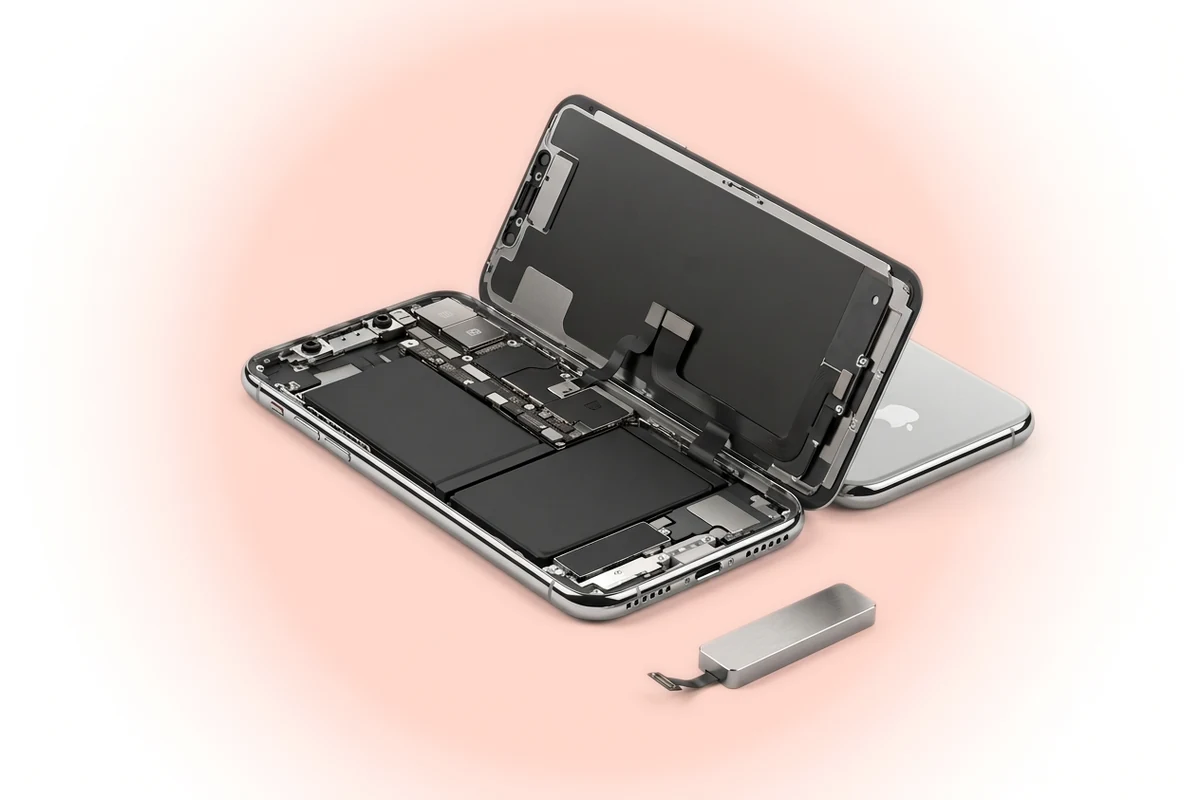 Ремонт вибромотора iPhone X: вскрытый телефон и снятый Taptic Engine рядом