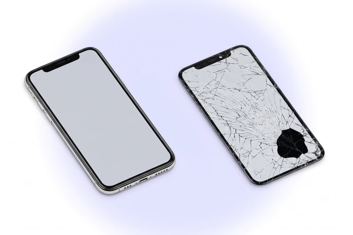Замена экрана с гарантией 1 год iPhone X: исправный телефон и снятый разбитый дисплейный модуль рядом