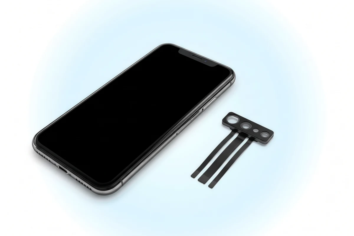 Восстановление фронтальной камеры iPhone X: телефон и блок фронтальной камеры с тремя шлейфами рядом