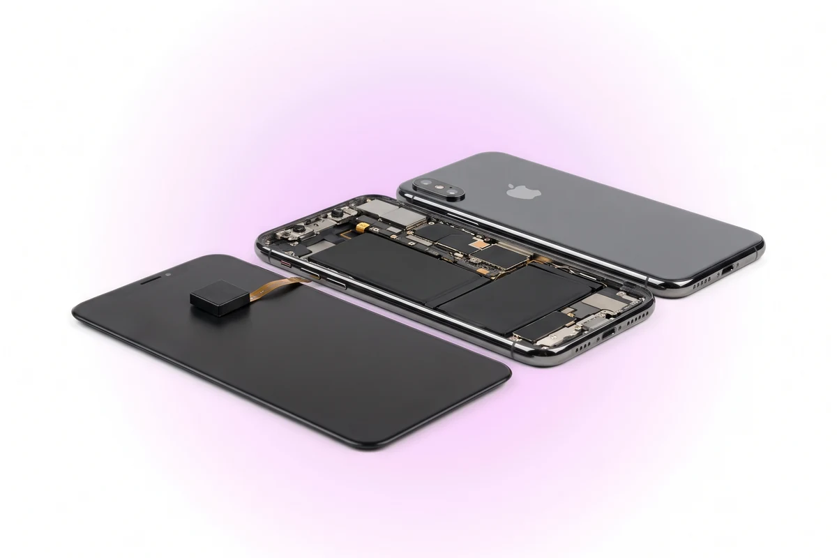 Вскрытый iPhone X, на обратной стороне дисплея у верхнего края виден блок динамика с датчиками