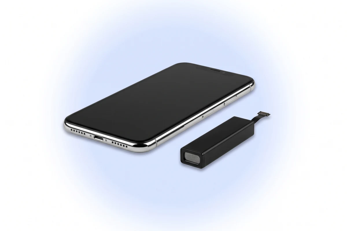 Замена нижнего динамика iPhone X: серебристый телефон нижним торцом к зрителю и новый динамик рядом