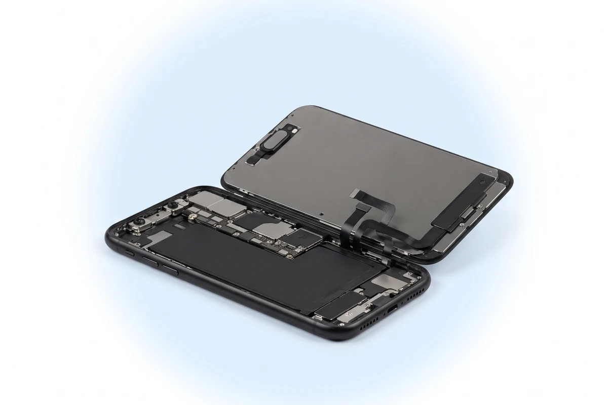 Вскрытый iPhone XR: дисплей откинут в сторону на трех шлейфах, в корпусе прямоугольный аккумулятор