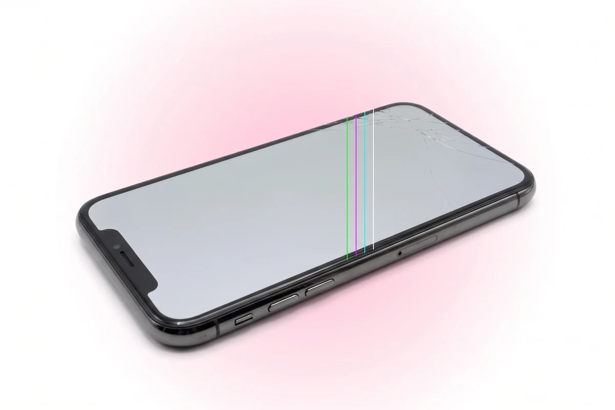 iPhone X із кольоровими вертикальними смугами на екрані після удару у верхній кут