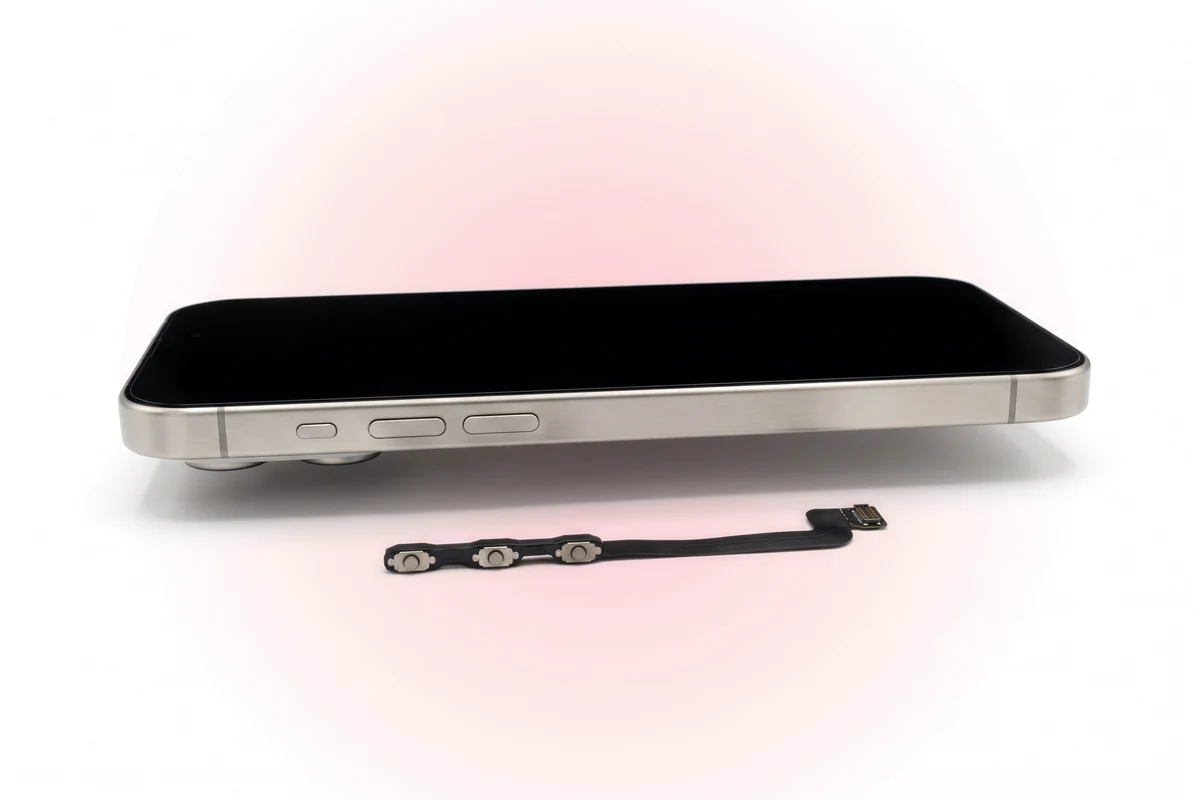 Заміна шлейфа кнопок iPhone 16 Pro Max: ліва грань з Action Button і кнопками гучності та новий шлейф поруч