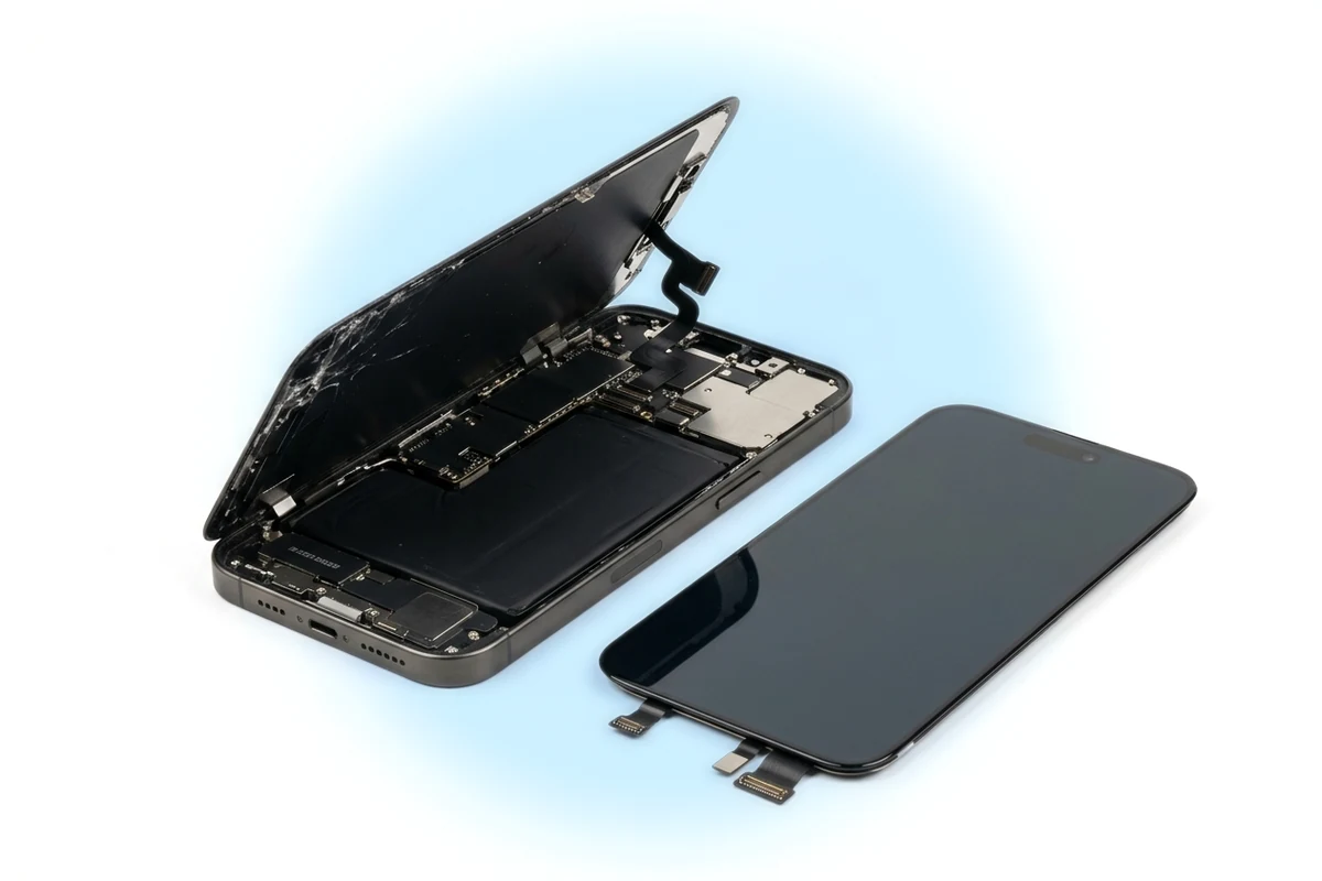 Відкритий з фронту iPhone 16 Pro Max із піднятим дисплеєм і новий OLED-модуль поруч