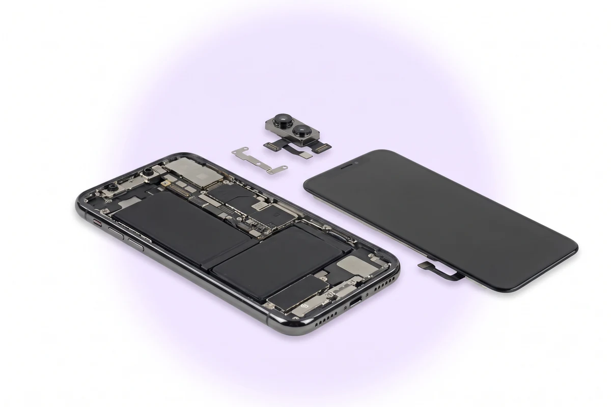 Вскрытый спереди iPhone X со снятым дисплеем и вынутым модулем двойной камеры рядом