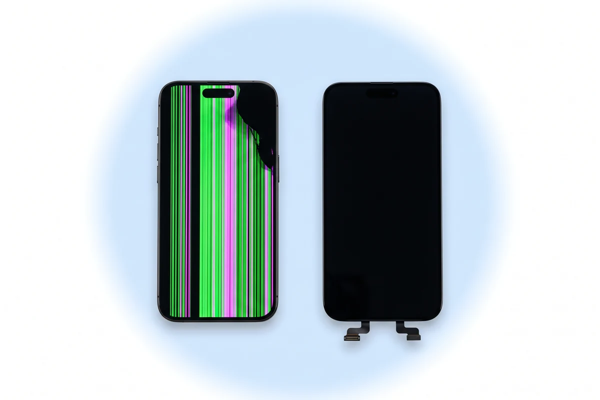 Заміна дисплея iPhone 16 Pro Max: екран зі смугами і чорною плямою поруч із новим OLED-модулем