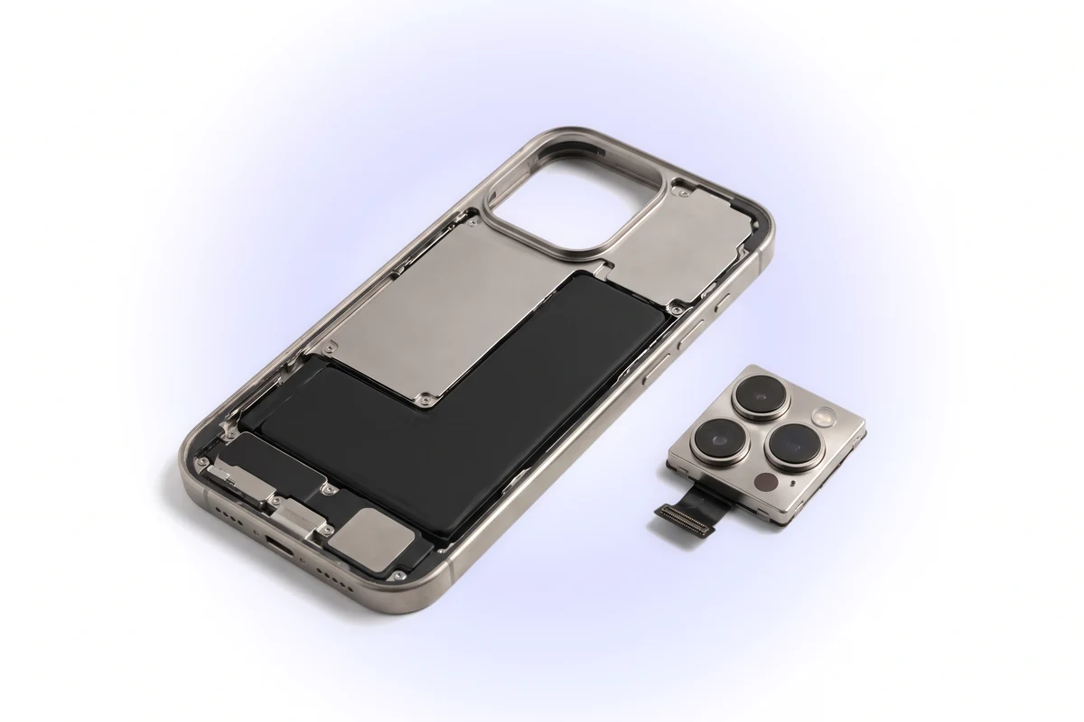 Восстановление работы основной камеры iPhone 16 Pro Max: снятый родной блок трех камер рядом со вскрытым телефоном