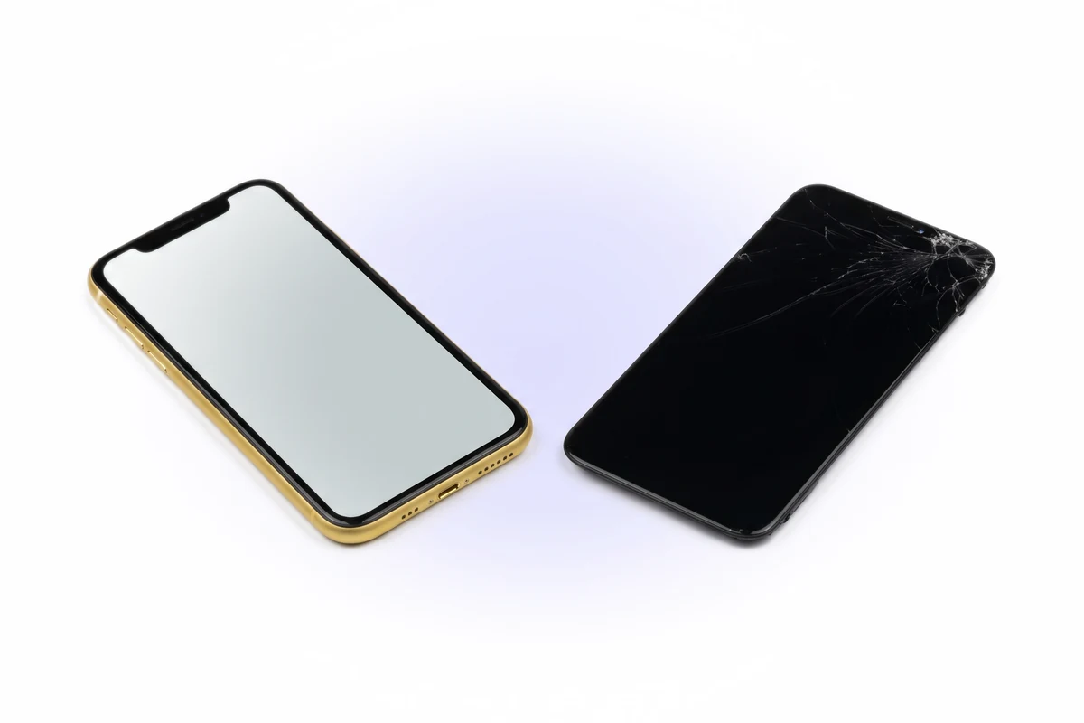 Желтый iPhone XR с новым дисплеем и снятый старый модуль с треснувшим стеклом рядом