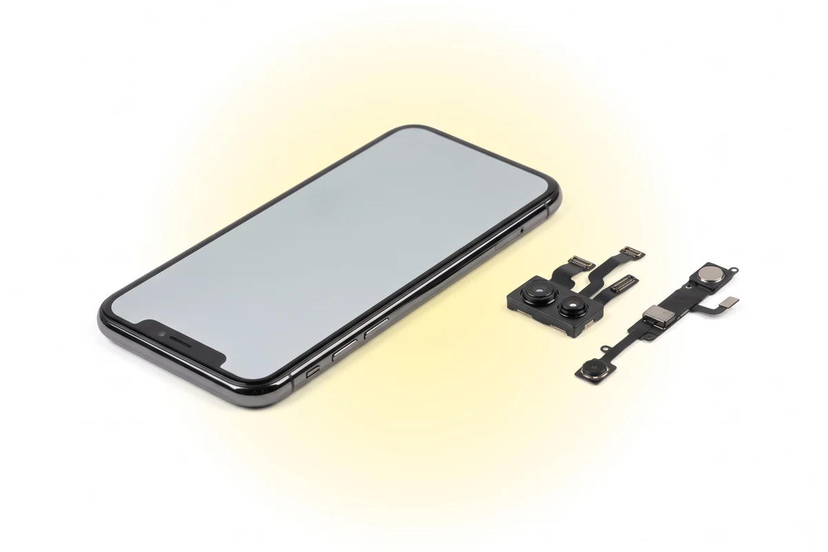 Восстановление Face ID iPhone X: телефон и два узла камеры TrueDepth - блок камер и модуль прожектора