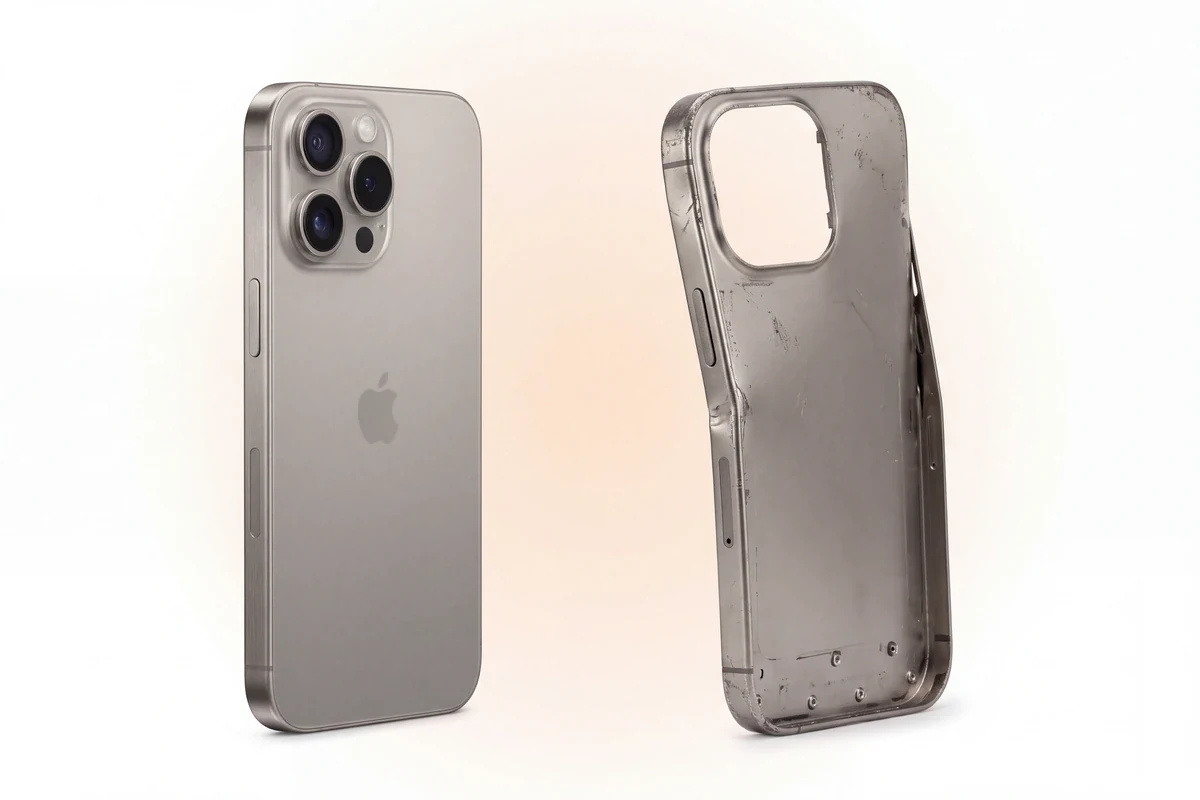 Новый оригинальный титановый корпус iPhone 16 Pro Max рядом со снятым поврежденным корпусом