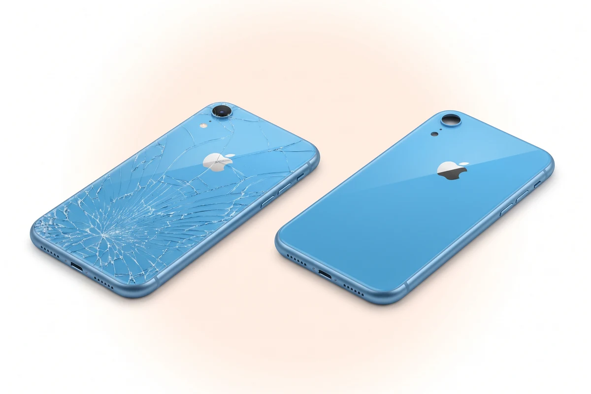 Замена корпуса iPhone XR: синий телефон с разбитым задним стеклом и новый синий корпус рядом