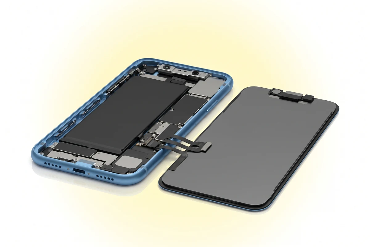 Вскрытый iPhone XR: блок TrueDepth вверху корпуса и модуль прожектора на обратной стороне откинутого дисплея