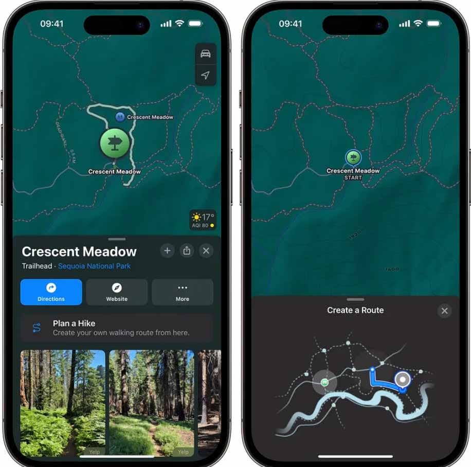 Планирование похода в Crescent Meadow в iOS 18 Apple Maps