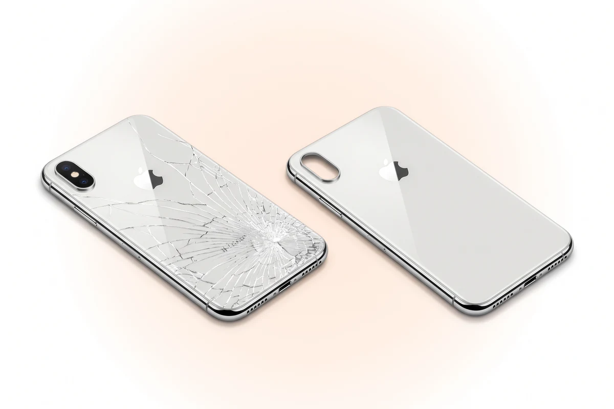 Заміна корпуса iPhone X: срібний телефон із розбитим заднім склом і новий корпус поруч