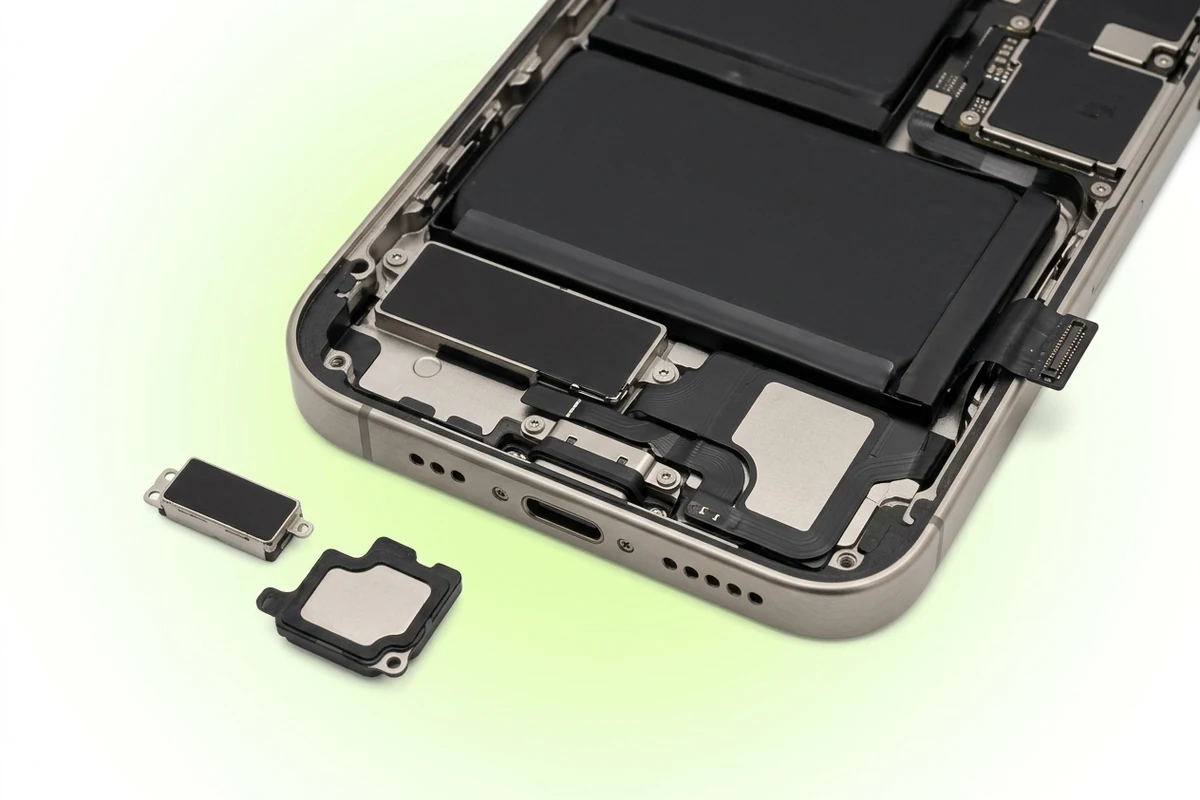 Нижняя часть вскрытого iPhone 16 Pro Max со снятыми Taptic Engine и динамиком, виден шлейф разъема USB-C