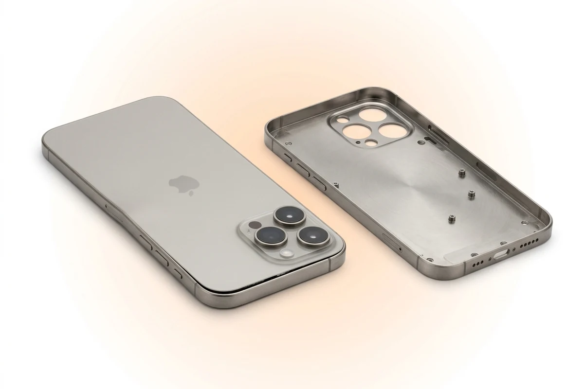 Быстрый ремонт корпуса iPhone 16 Pro Max: погнутая рама и новый титановый корпус рядом