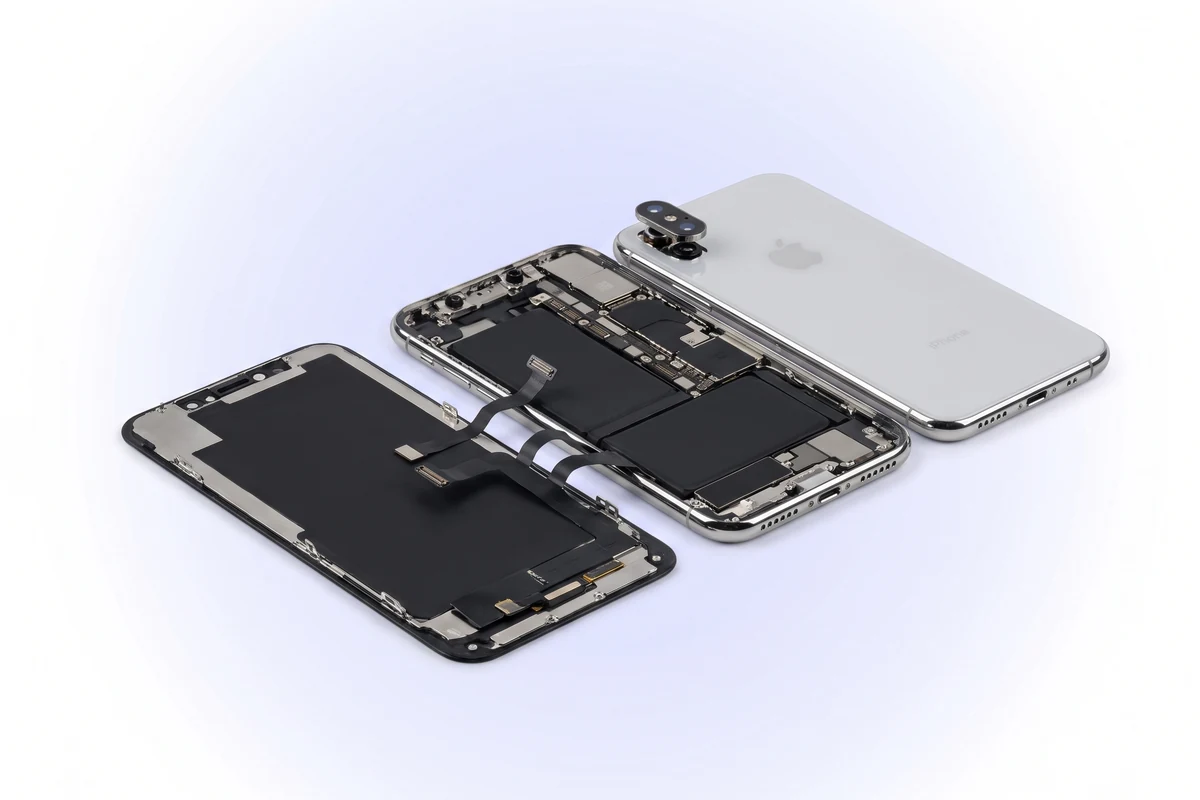 Відновлення основної камери iPhone X: розкритий срібний телефон із піднятим модулем подвійної камери