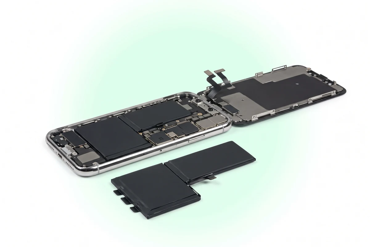 Замена аккумулятора iPhone X: вскрытый телефон со старой батареей и новая L-образная батарея рядом