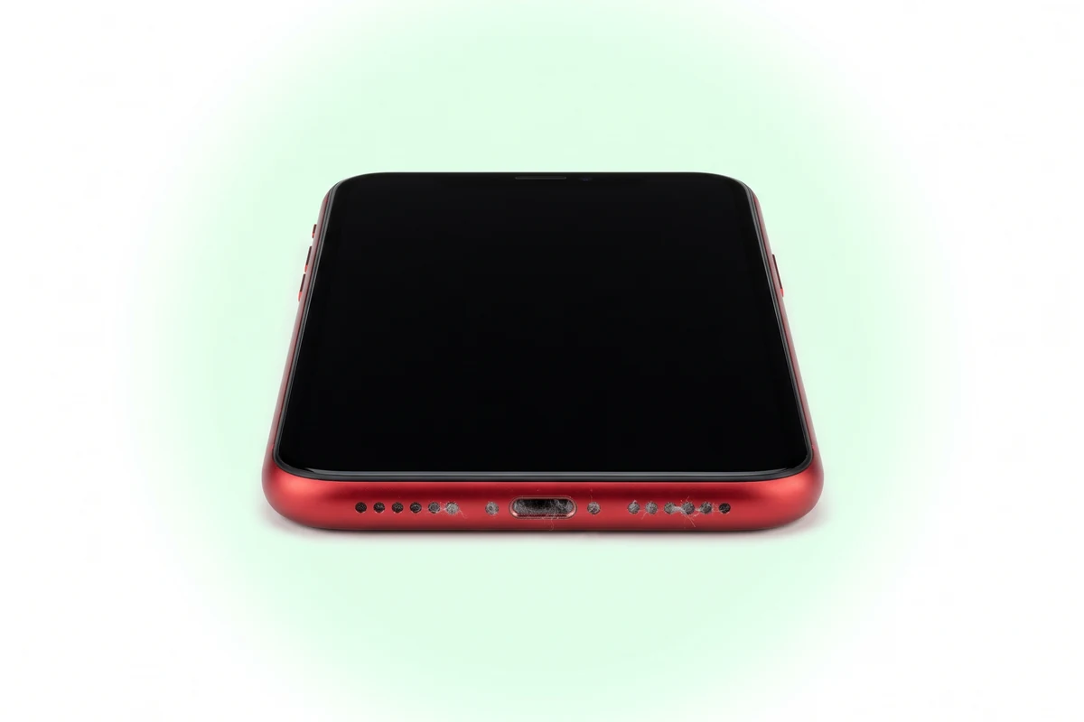 Нижний торец красного iPhone XR с ворсом в сетках и спрессованной пылью в гнезде Lightning